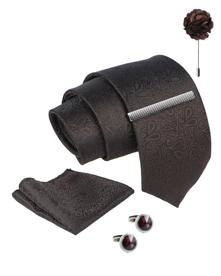 Axlon Tie Set for Men - Chocolate Brown, paisley | Necktie Gift Box with Cufflinks, Pocket Square & Lapel Pin