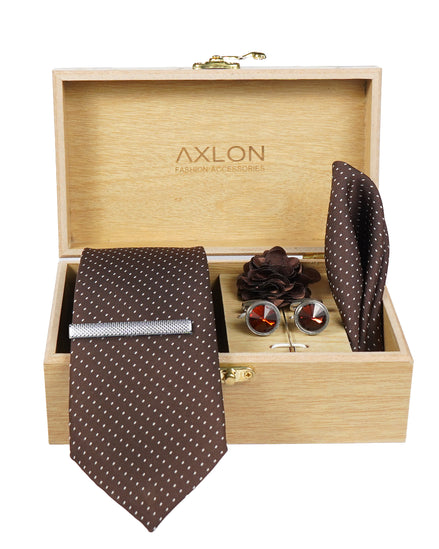 Axlon Tie Set for Men - Chocolate Brown,  dotted | Necktie Gift Box with Cufflinks, Pocket Square & Lapel Pin