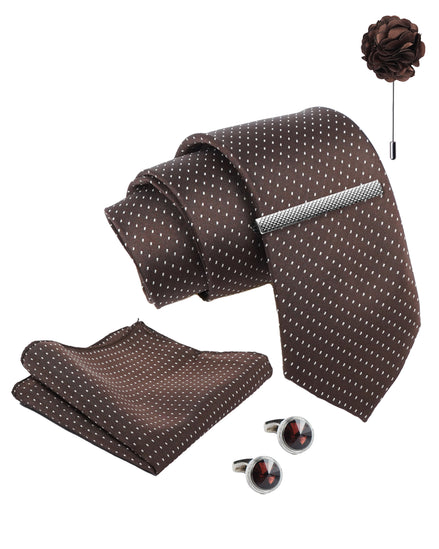Axlon Tie Set for Men - Chocolate Brown,  dotted | Necktie Gift Box with Cufflinks, Pocket Square & Lapel Pin