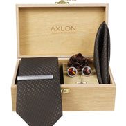 Axlon Tie Set for Men - Chocolate Brown,  dotted | Necktie Gift Box with Cufflinks, Pocket Square & Lapel Pin