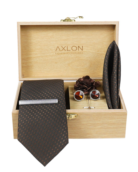 Axlon Tie Set for Men - Chocolate Brown,  dotted | Necktie Gift Box with Cufflinks, Pocket Square & Lapel Pin
