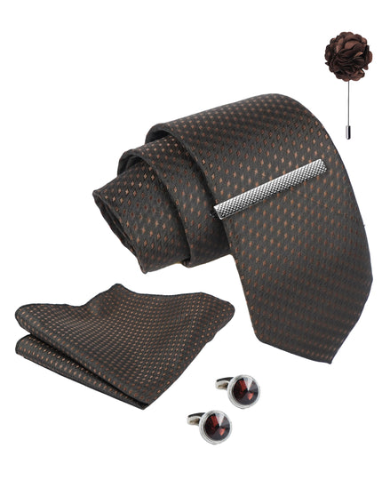 Axlon Tie Set for Men - Chocolate Brown,  dotted | Necktie Gift Box with Cufflinks, Pocket Square & Lapel Pin