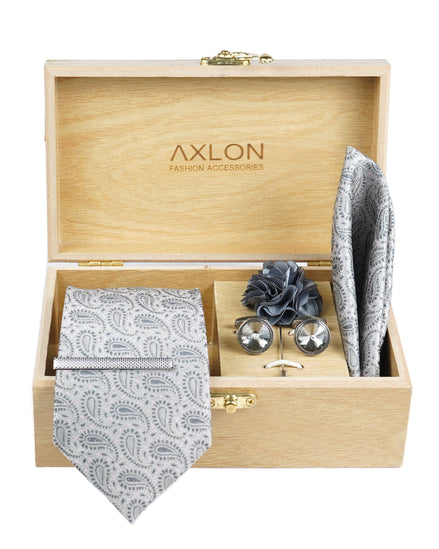 Axlon Tie Set for Men - Metallic Silver, paisley | Necktie Gift Box with Cufflinks, Pocket Square & Lapel Pin