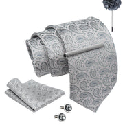 Axlon Tie Set for Men - Metallic Silver, paisley | Necktie Gift Box with Cufflinks, Pocket Square & Lapel Pin