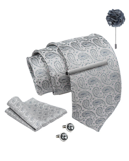 Axlon Tie Set for Men - Metallic Silver, paisley | Necktie Gift Box with Cufflinks, Pocket Square & Lapel Pin