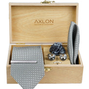 Axlon Tie Set for Men - Metallic Silver, dotted | Necktie Gift Box with Cufflinks, Pocket Square & Lapel Pin