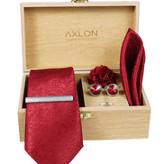 Axlon Tie Set for Men - Crimson Red, paisley | Necktie Gift Box with Cufflinks, Pocket Square & Lapel Pin