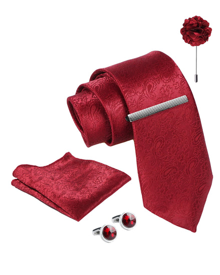 Axlon Tie Set for Men - Crimson Red, paisley | Necktie Gift Box with Cufflinks, Pocket Square & Lapel Pin