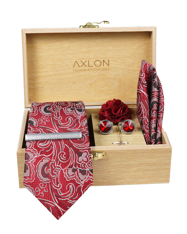 Axlon Tie Set for Men - Crimson Red, paisley | Necktie Gift Box with Cufflinks, Pocket Square & Lapel Pin