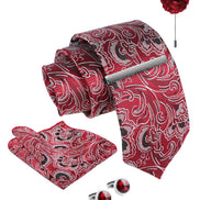 Axlon Tie Set for Men - Crimson Red, paisley | Necktie Gift Box with Cufflinks, Pocket Square & Lapel Pin