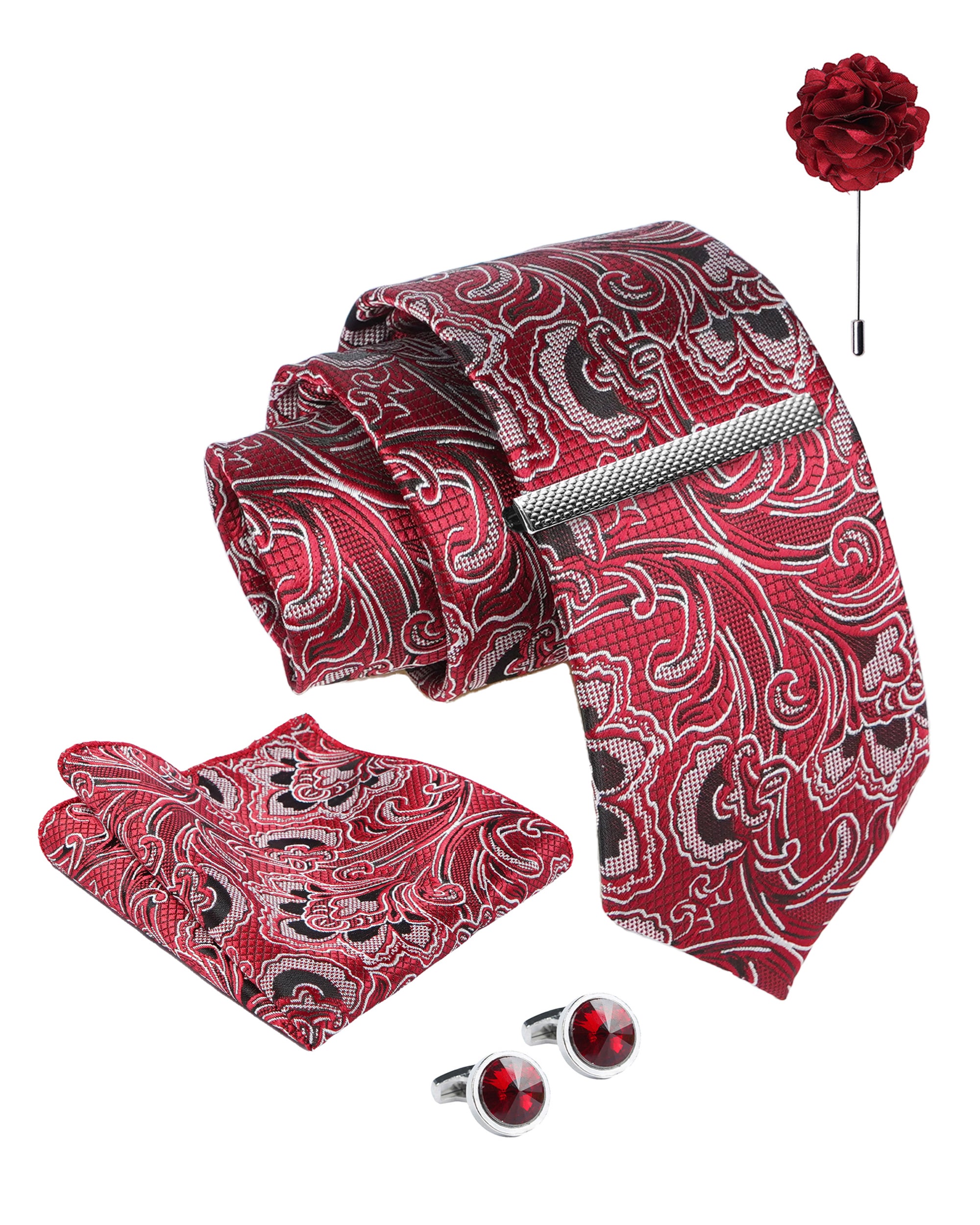Axlon Tie Set for Men - Crimson Red, paisley | Necktie Gift Box with Cufflinks, Pocket Square & Lapel Pin