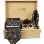 Axlon Tie Set for Men - Chocolate Brown, paisley | Necktie Gift Box with Cufflinks, Pocket Square & Lapel Pin