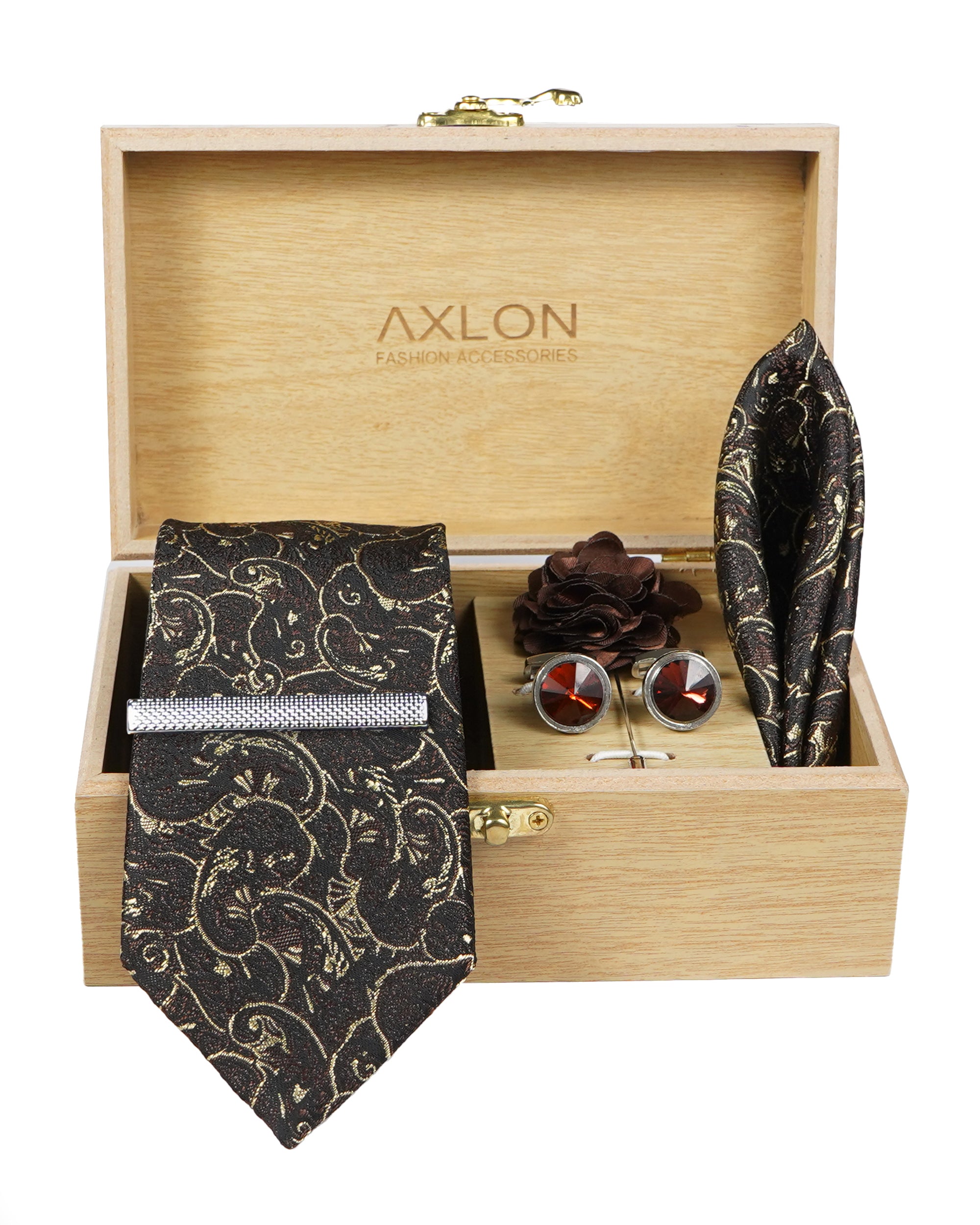 Axlon Tie Set for Men - Chocolate Brown, paisley | Necktie Gift Box with Cufflinks, Pocket Square & Lapel Pin