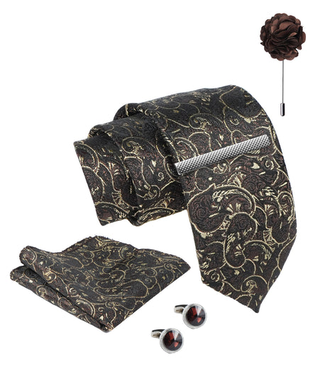 Axlon Tie Set for Men - Chocolate Brown, paisley | Necktie Gift Box with Cufflinks, Pocket Square & Lapel Pin