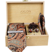 Axlon Tie Set for Men - Copper Rust, paisley | Necktie Gift Box with Cufflinks, Pocket Square & Lapel Pin