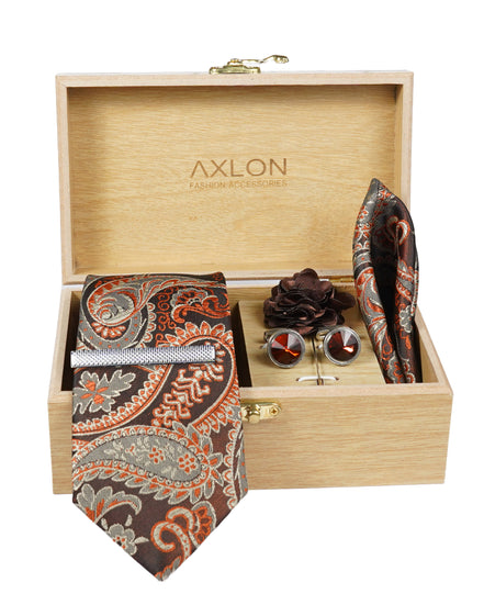 Axlon Tie Set for Men - Copper Rust, paisley | Necktie Gift Box with Cufflinks, Pocket Square & Lapel Pin