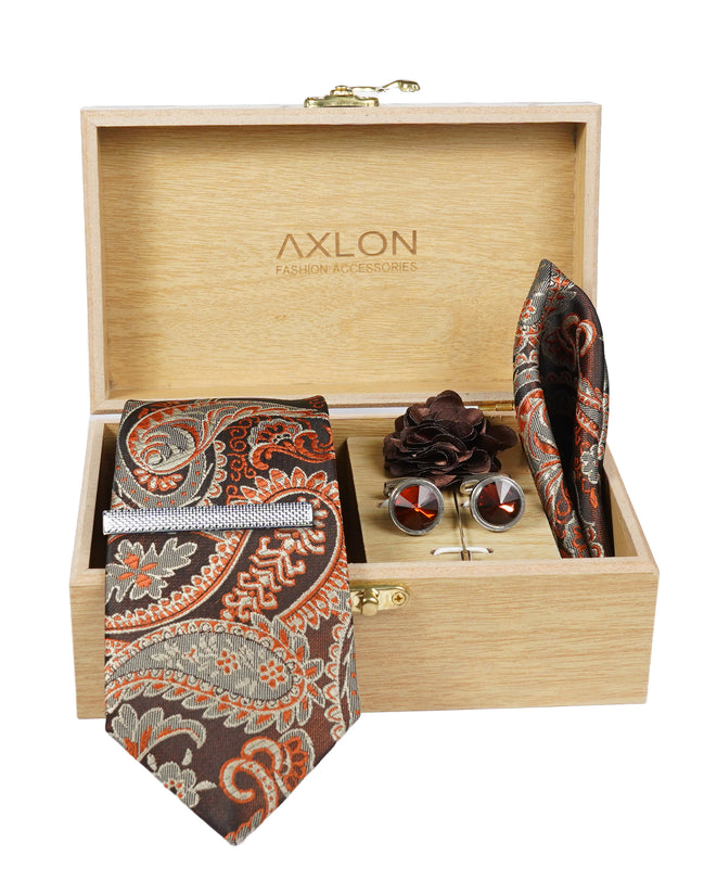Axlon Tie Set for Men - Copper Rust, paisley | Necktie Gift Box with Cufflinks, Pocket Square & Lapel Pin