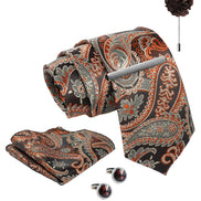 Axlon Tie Set for Men - Copper Rust, paisley | Necktie Gift Box with Cufflinks, Pocket Square & Lapel Pin