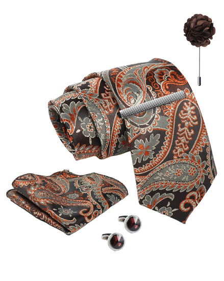 Axlon Tie Set for Men - Copper Rust, paisley | Necktie Gift Box with Cufflinks, Pocket Square & Lapel Pin