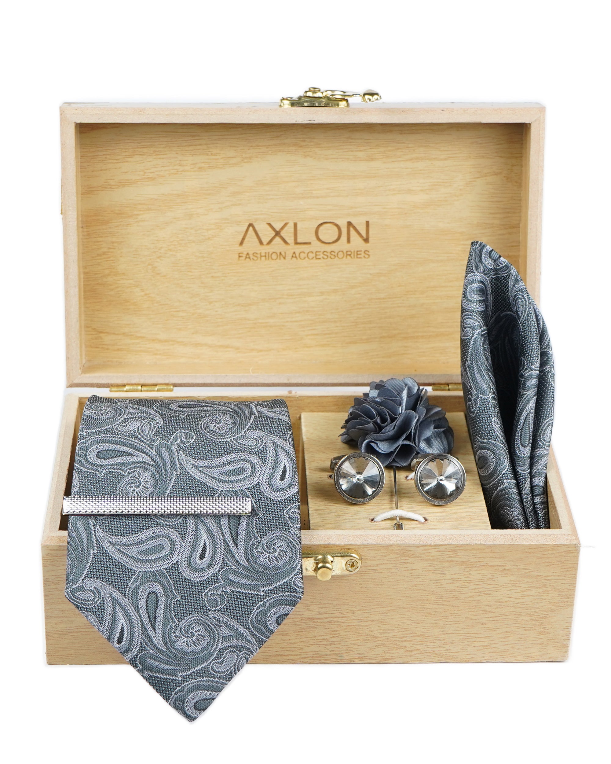 Axlon Tie Set for Men - Classic Grey,  paisley | Necktie Gift Box with Cufflinks, Pocket Square & Lapel Pin
