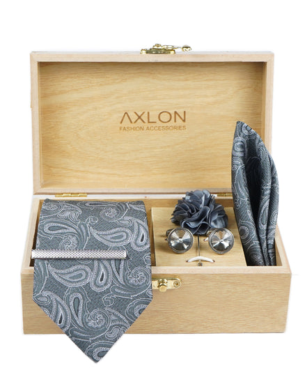 Axlon Tie Set for Men - Classic Grey,  paisley | Necktie Gift Box with Cufflinks, Pocket Square & Lapel Pin