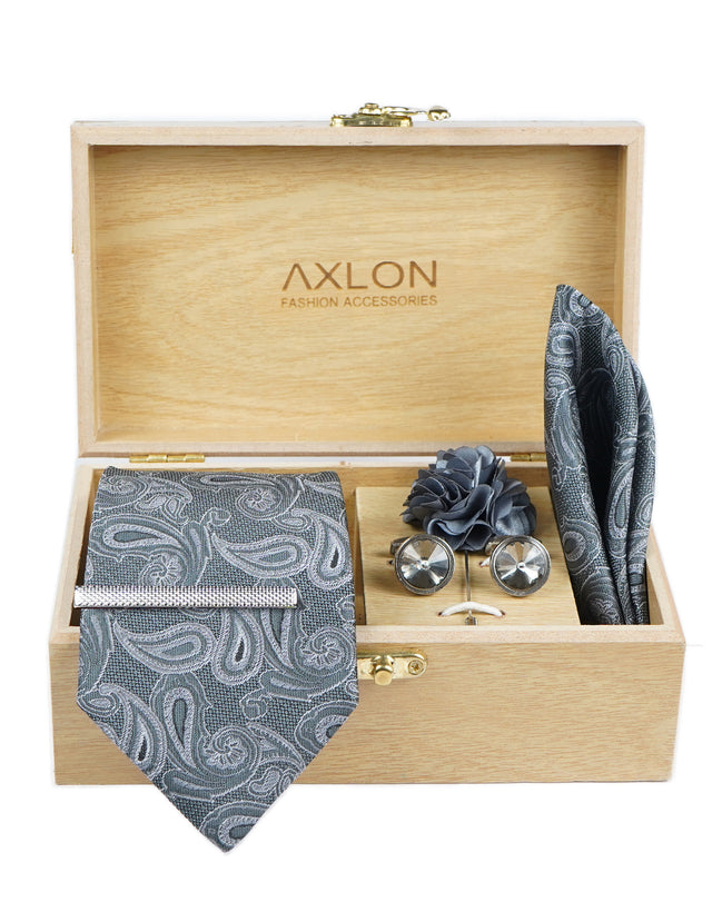 Axlon Tie Set for Men - Classic Grey,  paisley | Necktie Gift Box with Cufflinks, Pocket Square & Lapel Pin