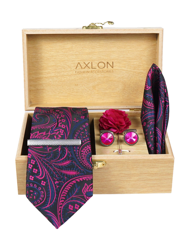 Axlon Tie Set for Men - Deep Wine, Paisley | Necktie Gift Box with Cufflinks, Pocket Square & Lapel Pin