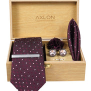 Axlon Tie Set for Men -  Deep Wine, dotted | Necktie Gift Box with Cufflinks, Pocket Square & Lapel Pin