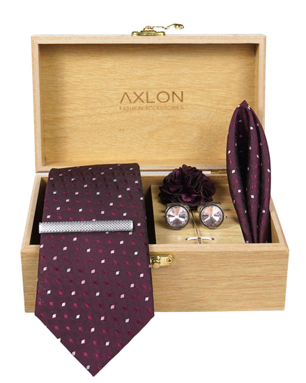 Axlon Tie Set for Men -  Deep Wine, dotted | Necktie Gift Box with Cufflinks, Pocket Square & Lapel Pin