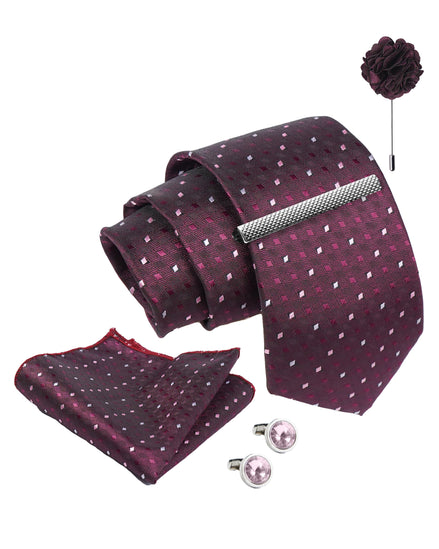 Axlon Tie Set for Men -  Deep Wine, dotted | Necktie Gift Box with Cufflinks, Pocket Square & Lapel Pin