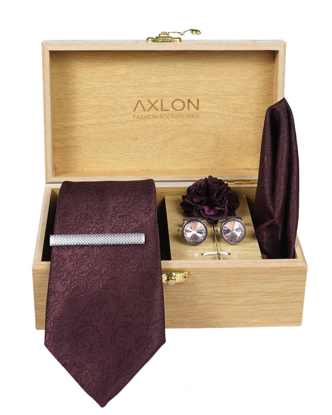 Axlon Tie Set for Men - Deep Wine, paisley | Necktie Gift Box with Cufflinks, Pocket Square & Lapel Pin
