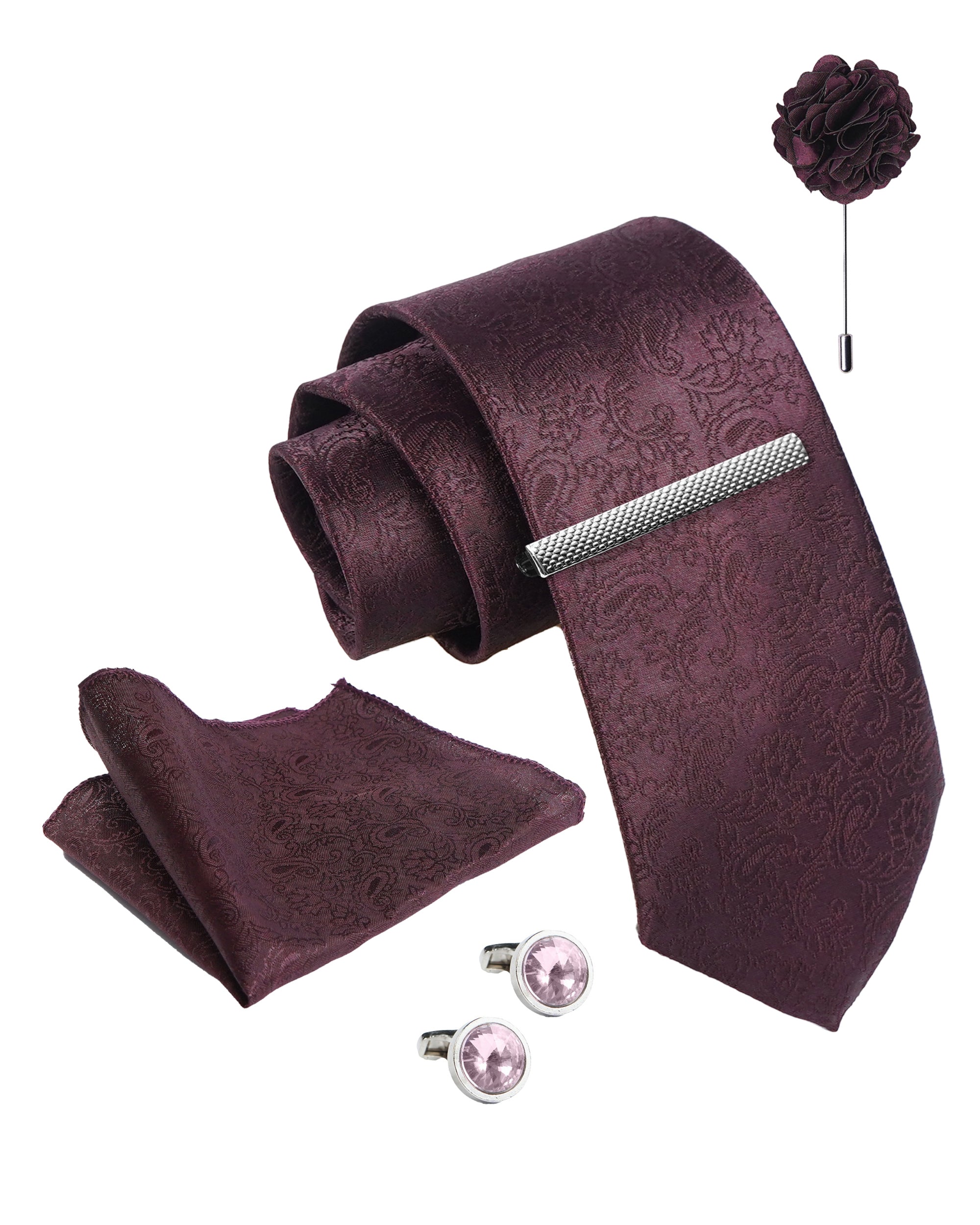 Axlon Tie Set for Men - Deep Wine, paisley | Necktie Gift Box with Cufflinks, Pocket Square & Lapel Pin