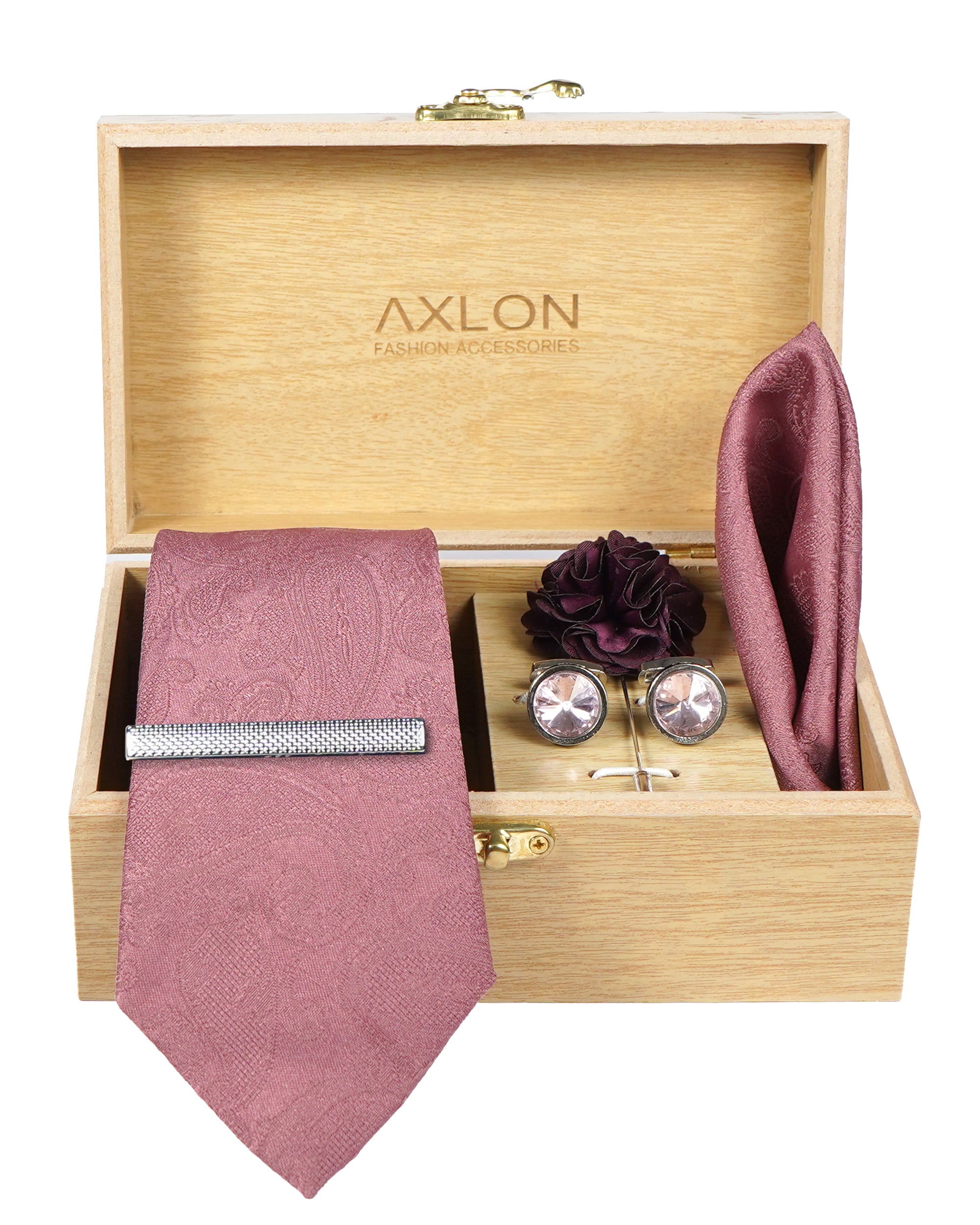 Axlon Tie Set for Men - Soft Peach, paisley | Necktie Gift Box with Cufflinks, Pocket Square & Lapel Pin