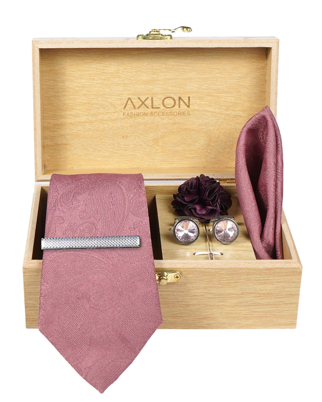 Axlon Tie Set for Men - Soft Peach, paisley | Necktie Gift Box with Cufflinks, Pocket Square & Lapel Pin