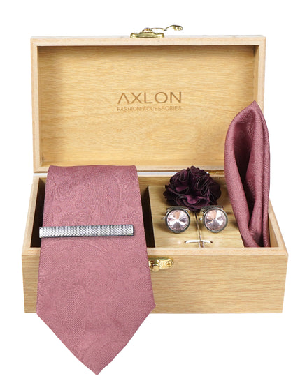 Axlon Tie Set for Men - Soft Peach, paisley | Necktie Gift Box with Cufflinks, Pocket Square & Lapel Pin