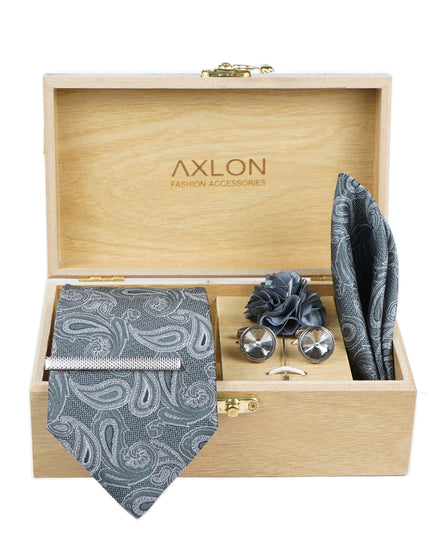 Axlon Tie Set for Men - Classic Grey,  paisley | Necktie Gift Box with Cufflinks, Pocket Square & Lapel Pin