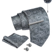 Axlon Tie Set for Men - Classic Grey,  paisley | Necktie Gift Box with Cufflinks, Pocket Square & Lapel Pin