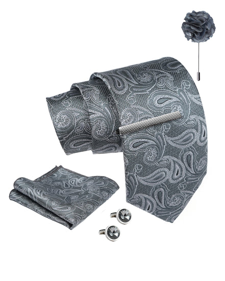 Axlon Tie Set for Men - Classic Grey,  paisley | Necktie Gift Box with Cufflinks, Pocket Square & Lapel Pin