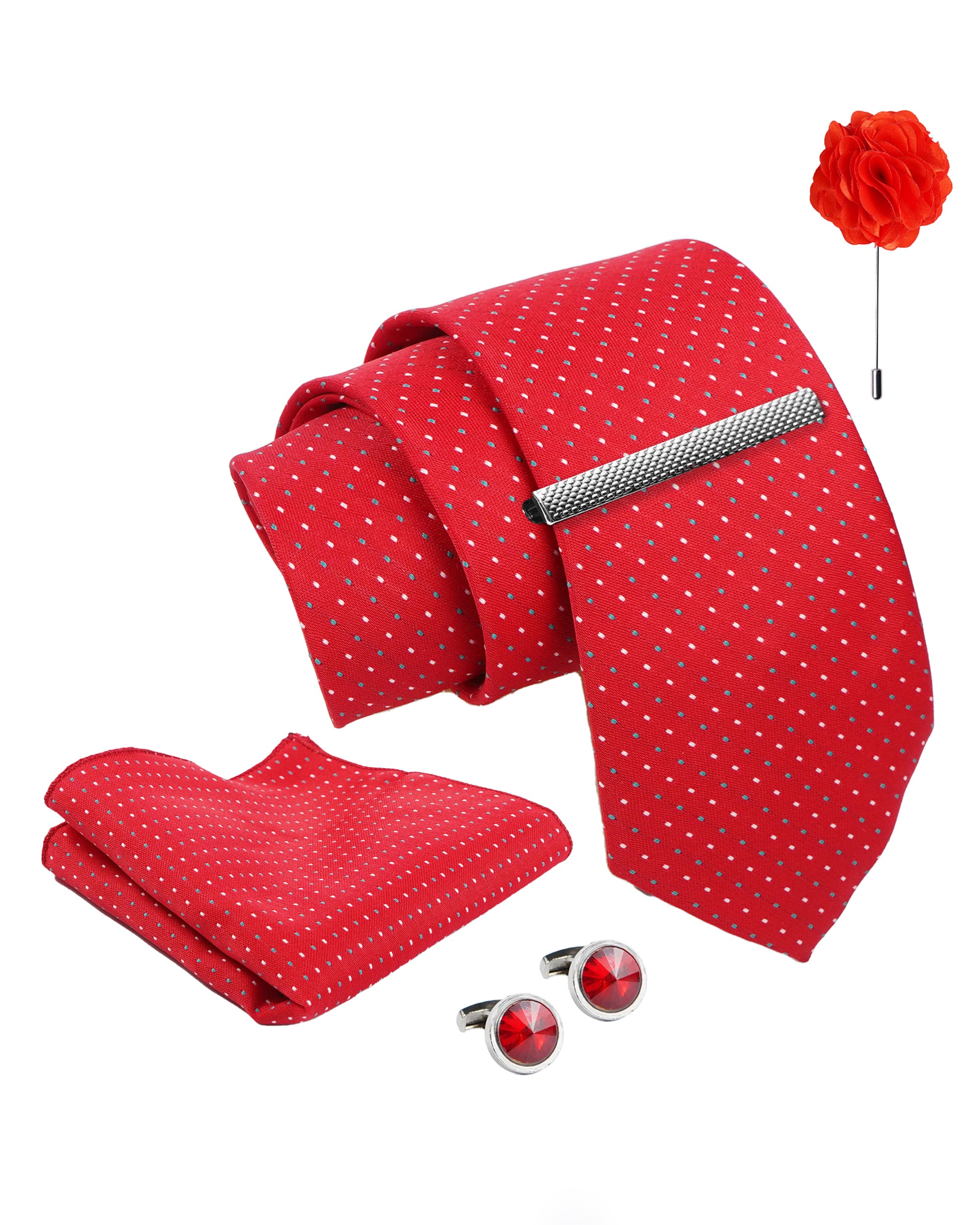 Axlon Tie Set for Men - Crimson Red, dotted | Necktie Gift Box with Cufflinks, Pocket Square & Lapel Pin
