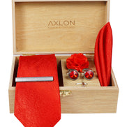 Axlon Tie Set for Men - Crimson Red, Paisley | Necktie Gift Box with Cufflinks, Pocket Square & Lapel Pin