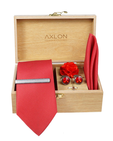 Axlon Tie Set for Men - Crimson Red, Dotted | Necktie Gift Box with Cufflinks, Pocket Square & Lapel Pin