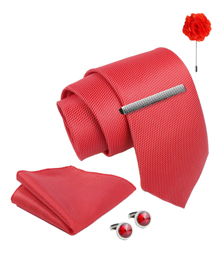 Axlon Tie Set for Men - Crimson Red, Dotted | Necktie Gift Box with Cufflinks, Pocket Square & Lapel Pin