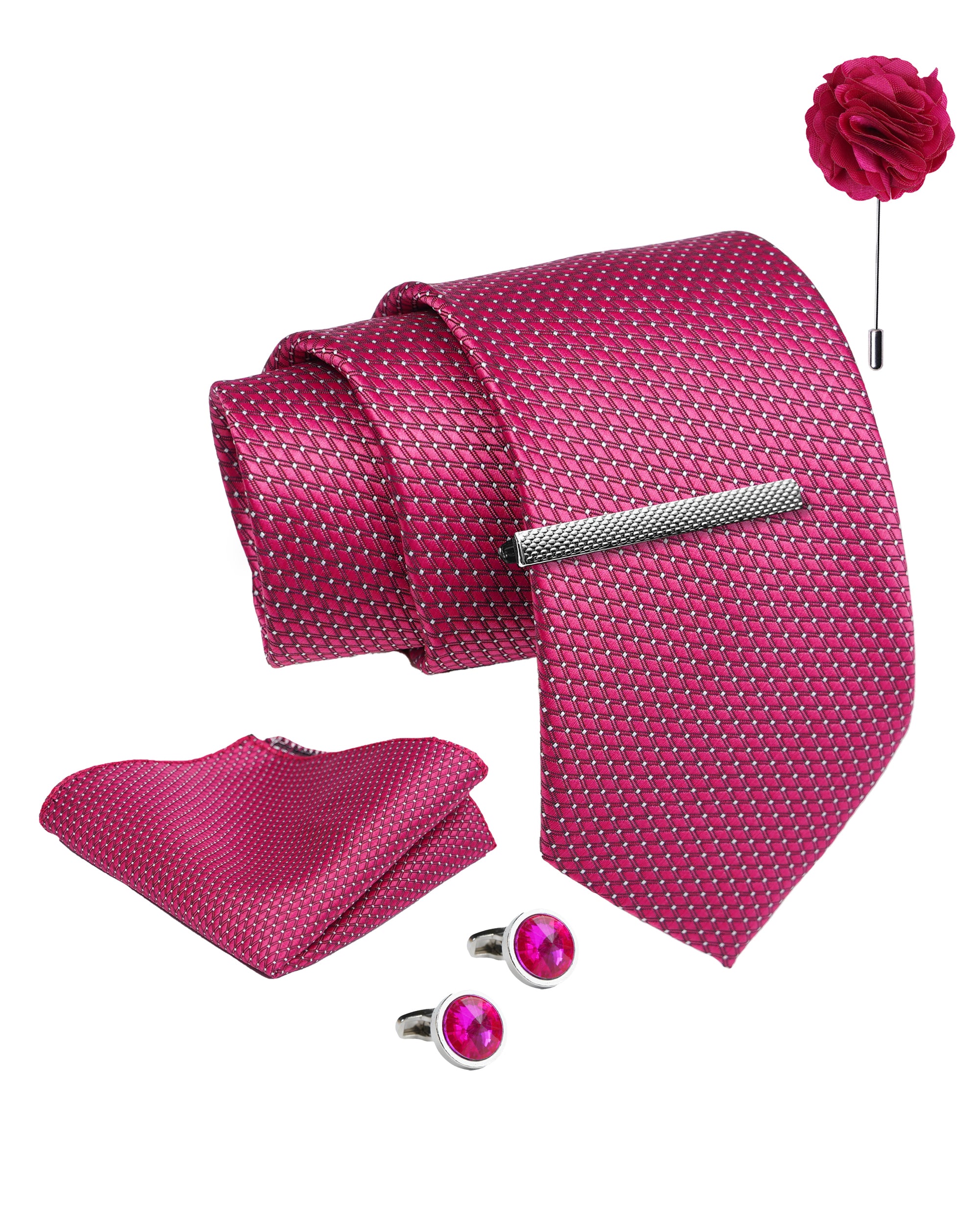 Axlon Tie Set for Men - Baby Pink, Dotted | Necktie Gift Box with Cufflinks, Pocket Square & Lapel Pin