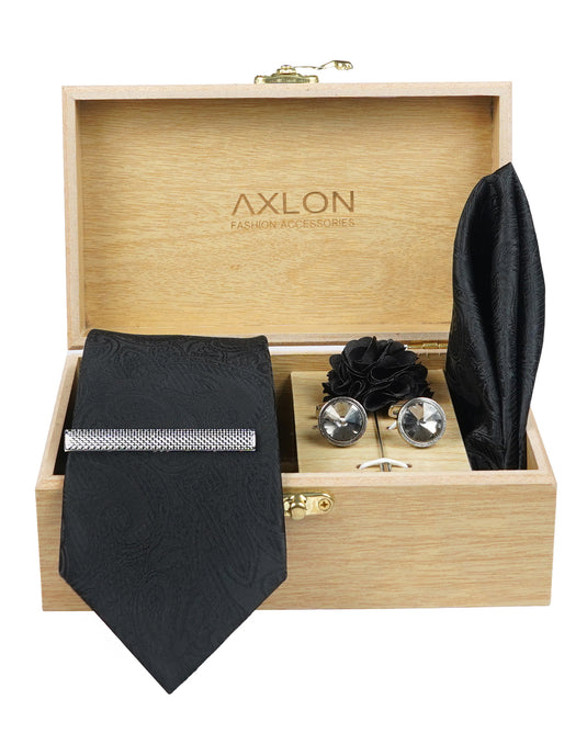 Axlon Tie Set for Men - Classic Black, paisley | Necktie Gift Box with Cufflinks, Pocket Square & Lapel Pin