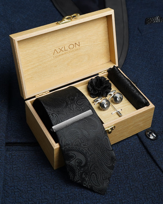 Axlon Tie Set for Men - Classic Black, paisley | Necktie Gift Box with Cufflinks, Pocket Square & Lapel Pin