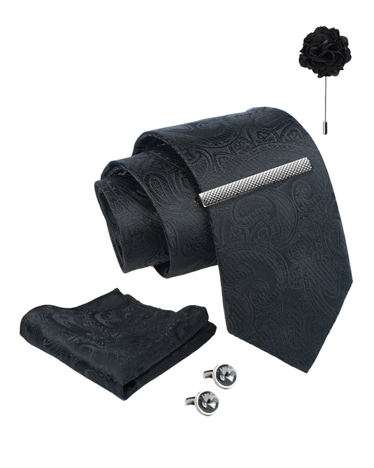 Axlon Tie Set for Men - Classic Black, paisley | Necktie Gift Box with Cufflinks, Pocket Square & Lapel Pin