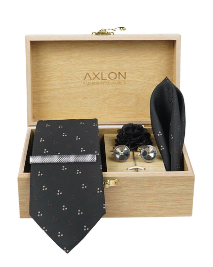 Axlon Tie Set for Men - Classic Black, Dotted | Necktie Gift Box with Cufflinks, Pocket Square & Lapel Pin