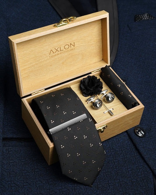Axlon Tie Set for Men - Classic Black, Dotted | Necktie Gift Box with Cufflinks, Pocket Square & Lapel Pin