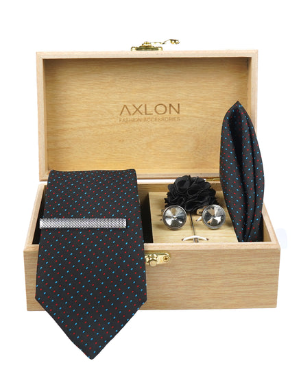 Axlon Tie Set for Men - Classic Black, dotted | Necktie Gift Box with Cufflinks, Pocket Square & Lapel Pin