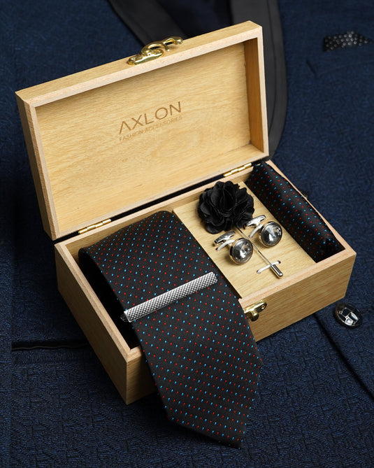 Axlon Tie Set for Men - Classic Black, dotted | Necktie Gift Box with Cufflinks, Pocket Square & Lapel Pin